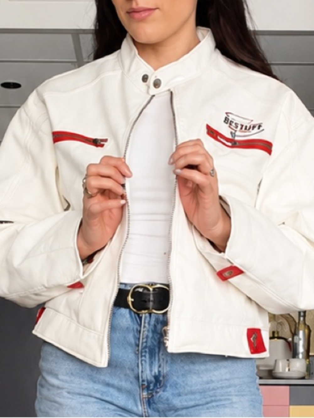 Women’s White & Red Leather Moto Biker Racing Style Jacket. Size S